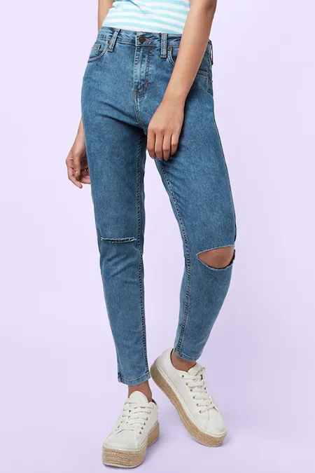 Medium Blue Solid Ankle Length High Rise Casual Women Slim Fit Jeans